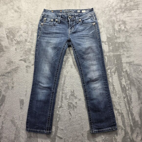 Miss Me Jeans Womens 26 Signature Crop Distressed Lace Embellished Denim Pants - Picture 2 of 12